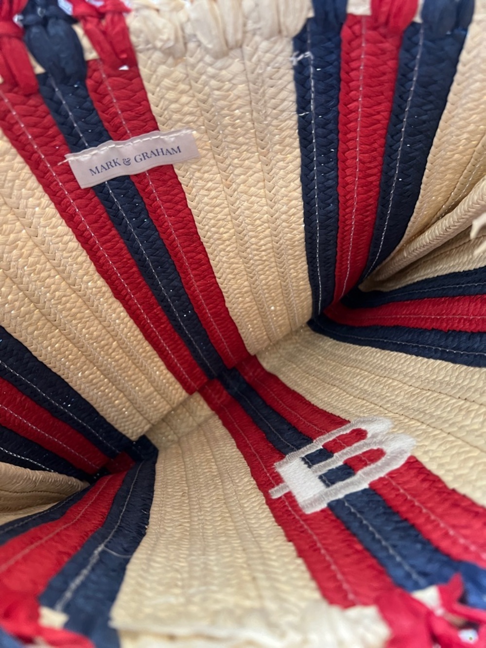 Mark and Graham Fringe Top Tote Natural Navy Red Woven Straw NWOT - B - Picture 8 of 13